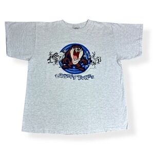 VTG Looney Tunes Taz Tasmanian Devil Shirt‎ Mens L GENUS Embroidered Light Gray